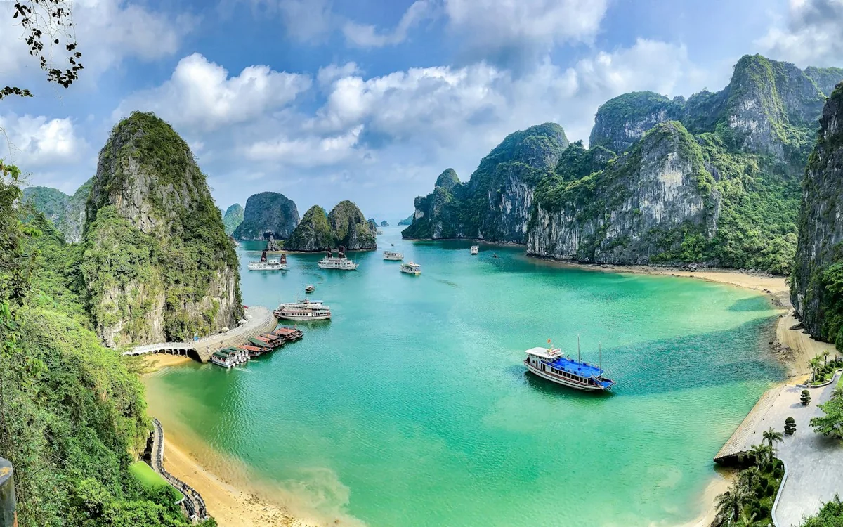 Limestone islands rising from the water in Ha Long Bay, Vietnam